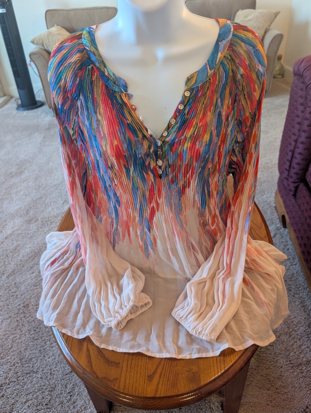 Women's Multicolor Feather-Print Peasant Blouse - Pink Ombre, Size L - NEW